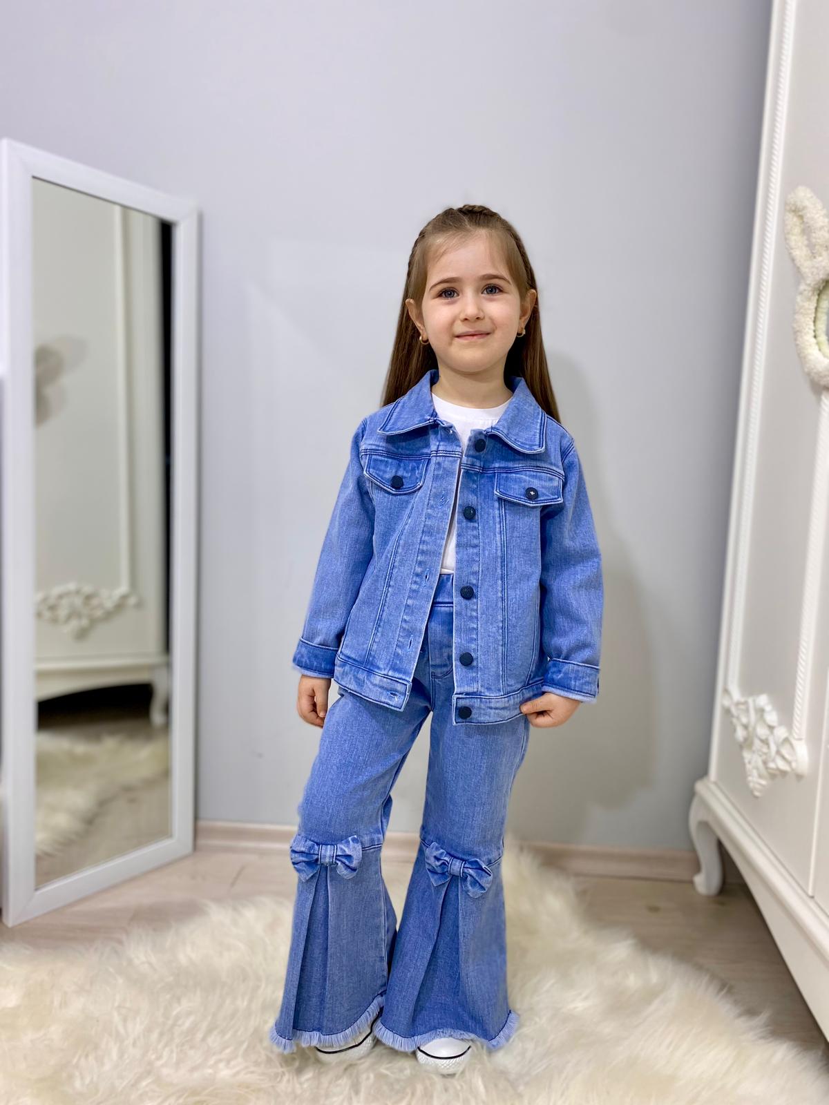 MODAVALS FİYONK DETAYLI İSPANYOL PAÇA KOT PANTOLON & KOT CEKET & BADİ KIZ ÇOCUK KOMBİN