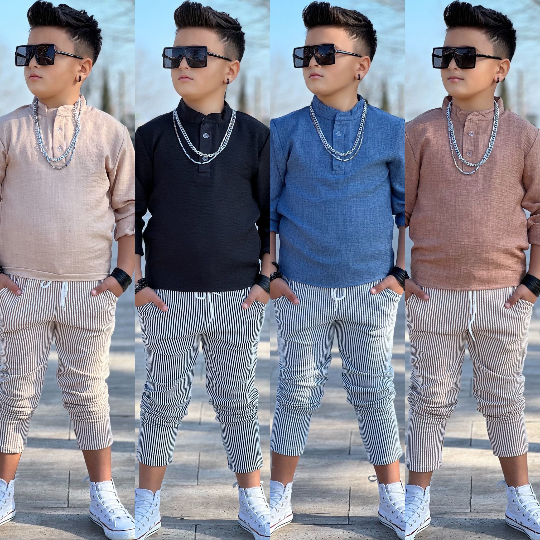 MODAVALS HAKİM YAKA KOL KATLAMALI BADİ & BELİ LASTİKLİ BAĞCIKLI CEPLİ ÇİZGİLİ PANTOLON & ZİNCİR AKSESUAR 3 PARÇA ERKEK ÇOCUK KETEN ALT ÜST TAKIM