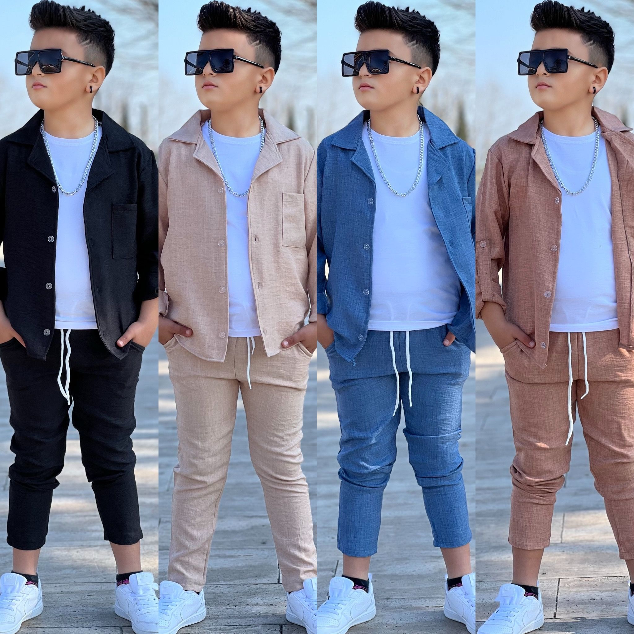 MODAVALS KOL KATLAMALI KETEN GÖMLEK & BELİ LASTİKLİ KETEN PANTOLON & PAMUKLU TSHIRT & ZİNCİR AKSESUAR 4LÜ KETEN ERKEK ÇOCUK TAKIM