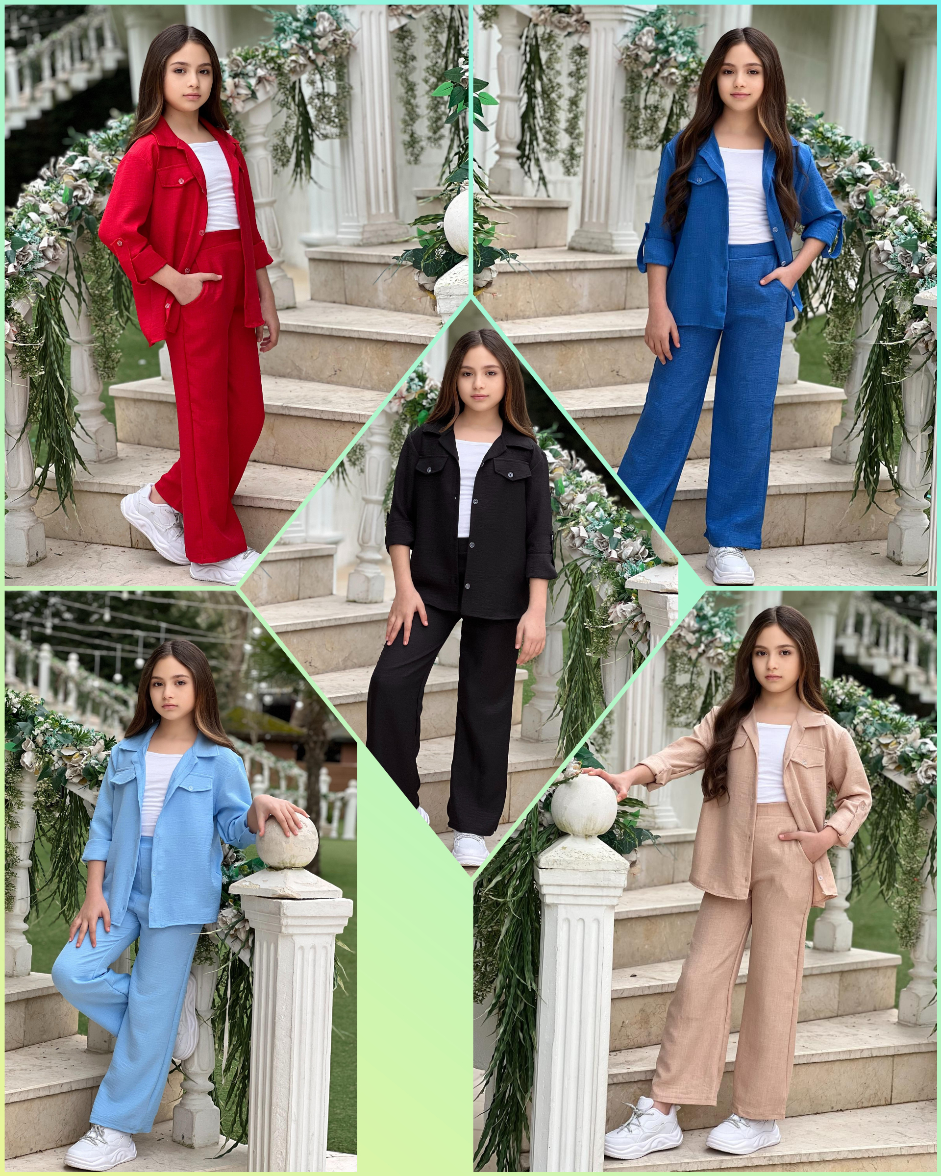 MODAVALS KOL KATLAMALI KETEN GÖMLEK CEPLİ KETEN ALT & SUPREM ASKILI BADİ 3LÜ KIZ ÇOCUK TAKIM