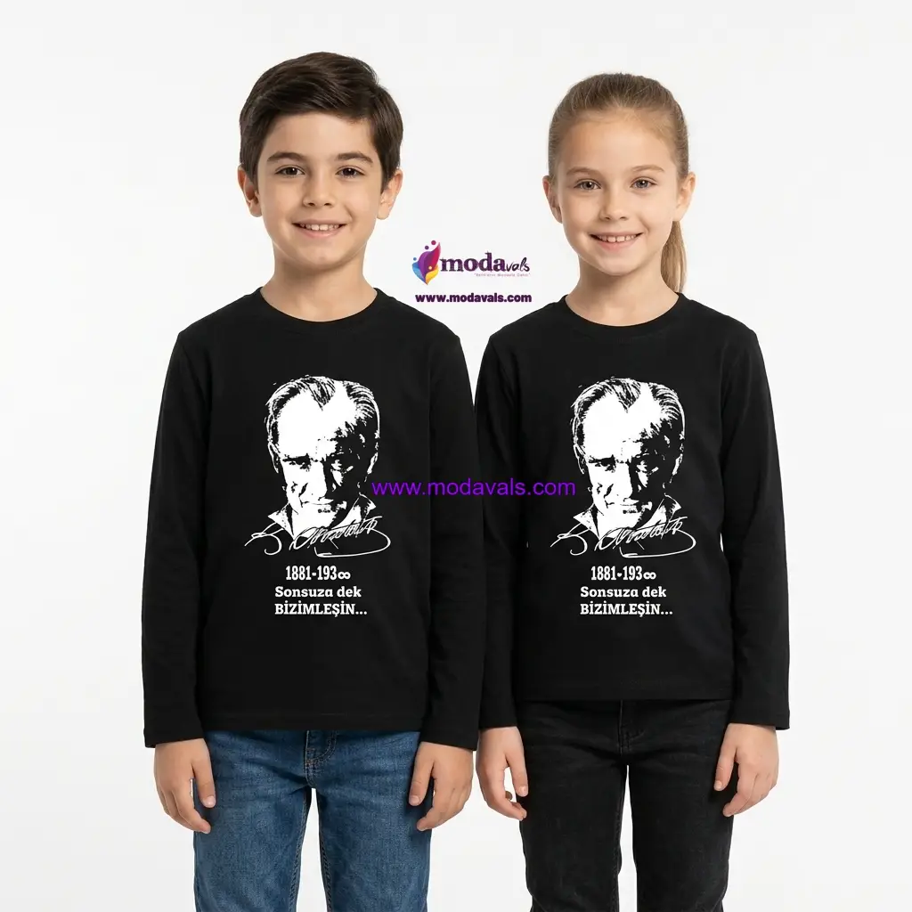 MODAVALS 10 KASIM OKUL GÖSTERİ UNISEX ÇOCUK ATATÜRK & 1938 BASKILI UZUN KOL BADİ - SİYAH