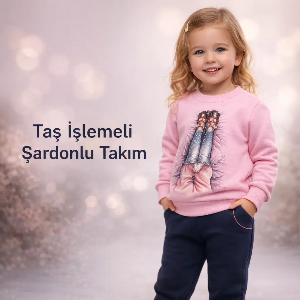 MODAVALS 3 İP ŞARDONLU TAŞ DETAYLI BASKILI KIZ ÇOCUK KOMBİN