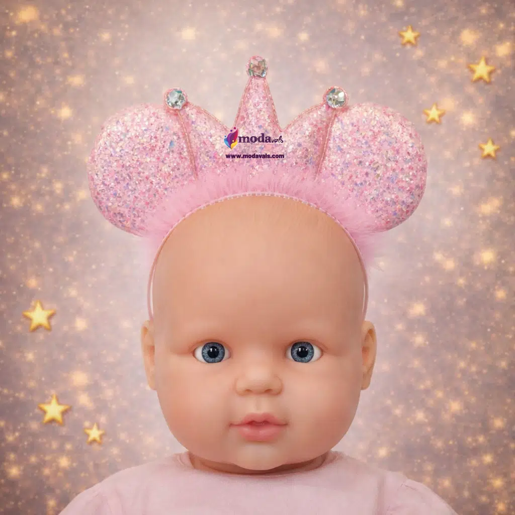 MODAVALS FIRFIRLI PULLU PRENSES TAŞLI MINNIE KULAKLI 3 BOYUTLU KIZ ÇOCUK SAÇ TACI - Pembe
