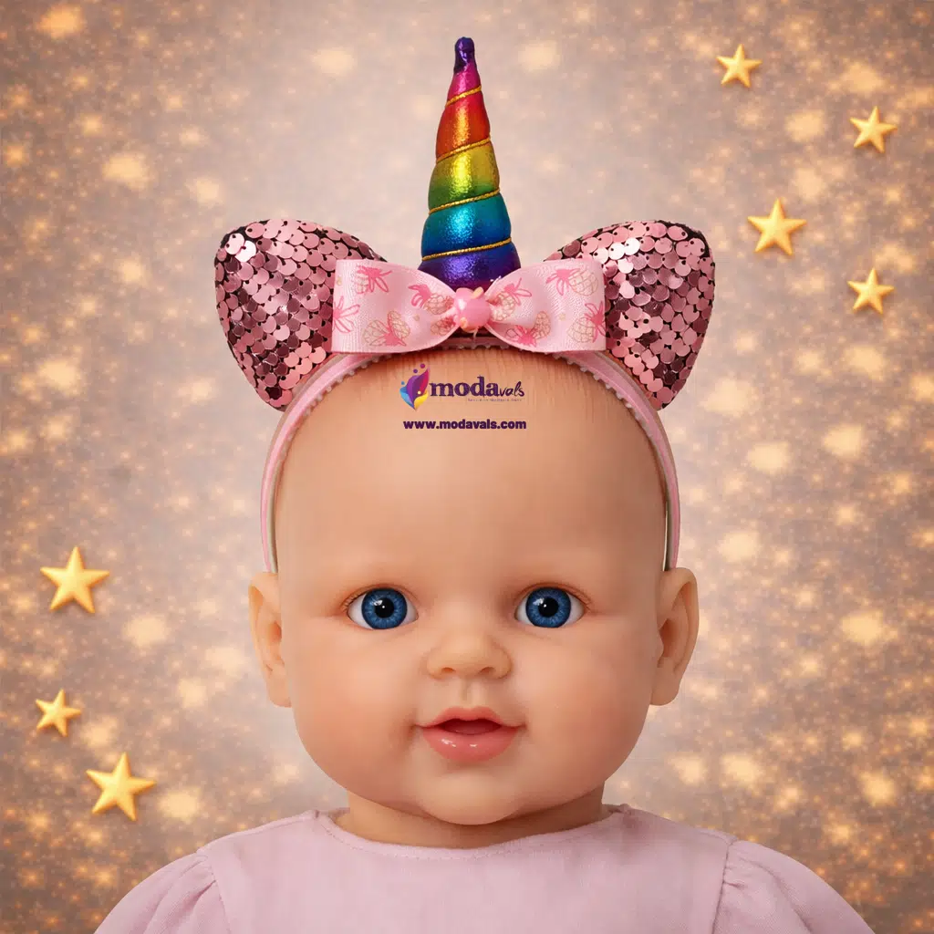 MODAVALS KEDİ KULAK PUL PAYET DETAYLI 3 BOYUTLU UNICORN KIZ ÇOCUK SAÇ TACI - Pembe