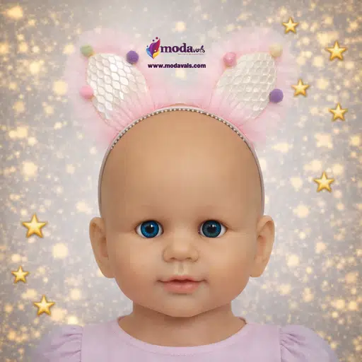 MODAVALS FIRFIRLI TAVŞAN KULAK PONPON DETAYLI 3 BOYUTLU KIZ ÇOCUK SAÇ TACI - Pudra Pembe