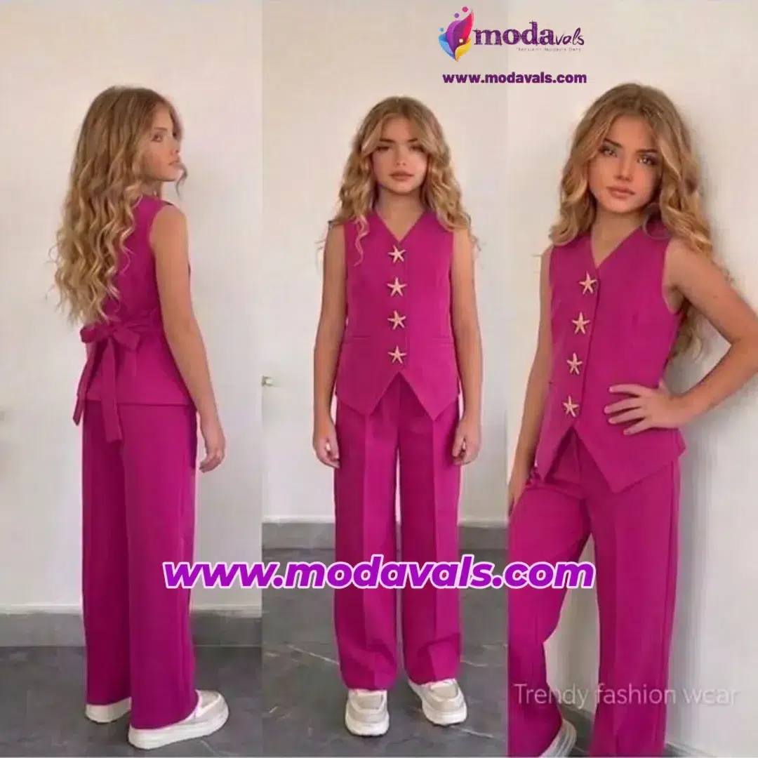 MODAVALS YILDIZ DÜĞME DETAYLI YELEKLİ ASTARLI DABL KUMAŞ GARSON BOY KIZ ÇOCUK 2Lİ ALT ÜST TAKIM - Pembe