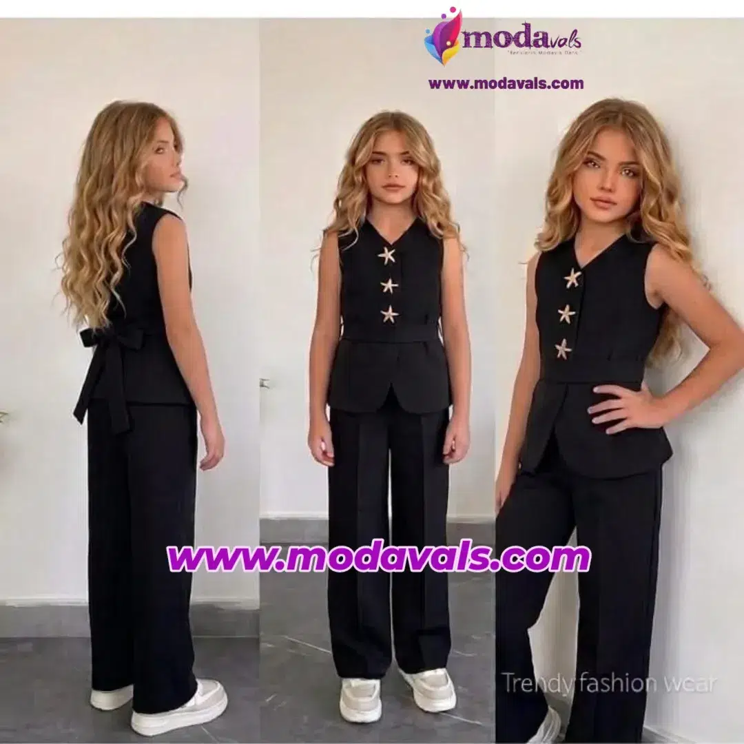 MODAVALS YILDIZ DÜĞME DETAYLI YELEKLİ ASTARLI DABL KUMAŞ GARSON BOY KIZ ÇOCUK 2Lİ ALT ÜST TAKIM - Siyah